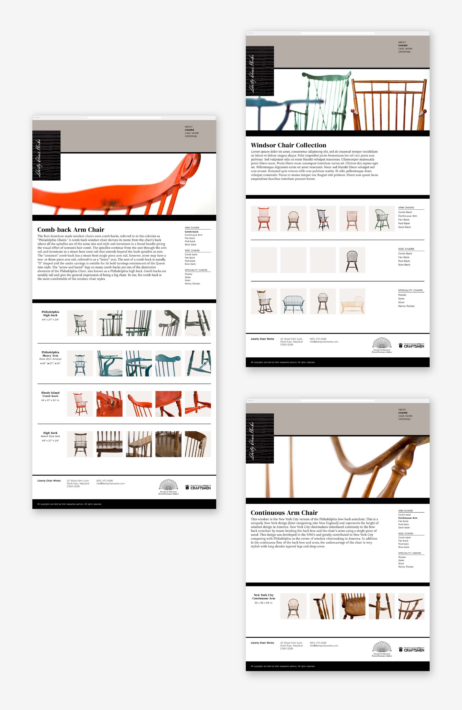 Liberty Chair Works mobile website, windsor chairs sections.